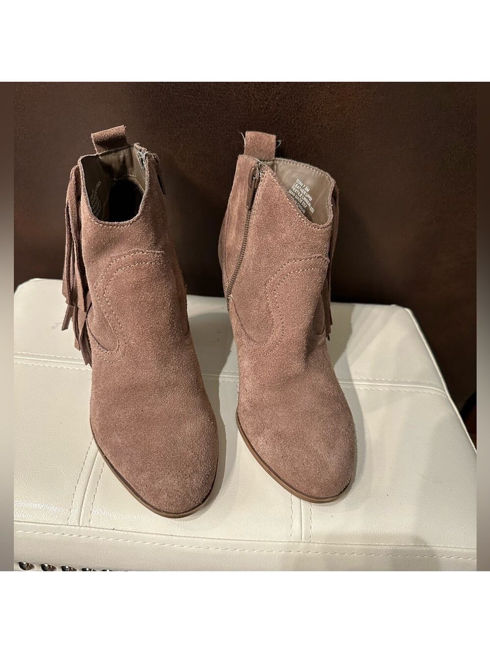 STEVE MADDEN Tan Fringed heeled ankle booties suede leather western size 7.5 - Picture 5 of 16